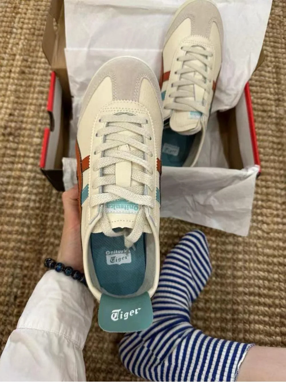 Classic Women's White Sneakers with Rust and Teal Details